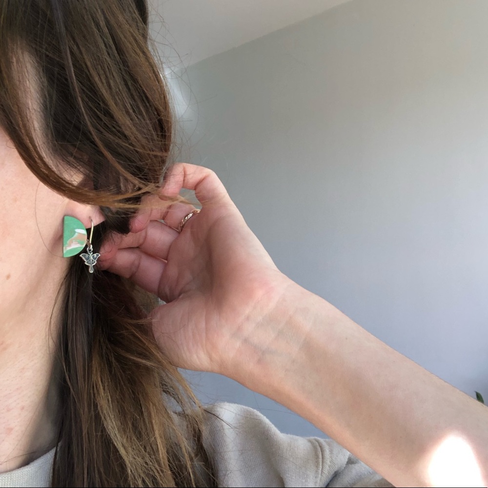 Polymer Clay Green Semicircle Stud Earrings with Hypoallergenic Steel Posts